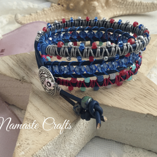 Leather wrap beaded bracelet, beach, bohemian,yoga, cuff