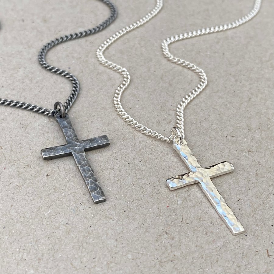Oxidised or polished standard size hammered sterling silver cross and curb chain