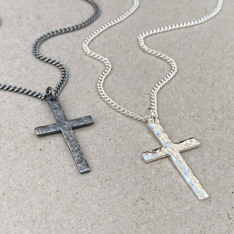 Handmade oxidised or polished standard size hammered silver cross and curb chain