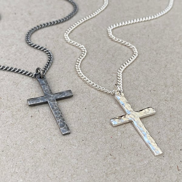 Handmade oxidised or polished standard size hammered silver cross and curb chain
