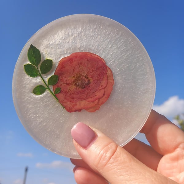 Rose flower coaster,Resin heat protected coaster,Dried flower coaster Red & Whit