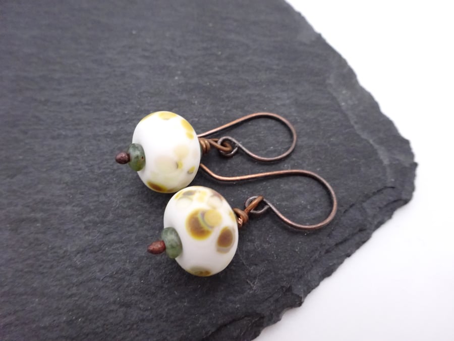 lampwork glass earrings, white and copper jewellery