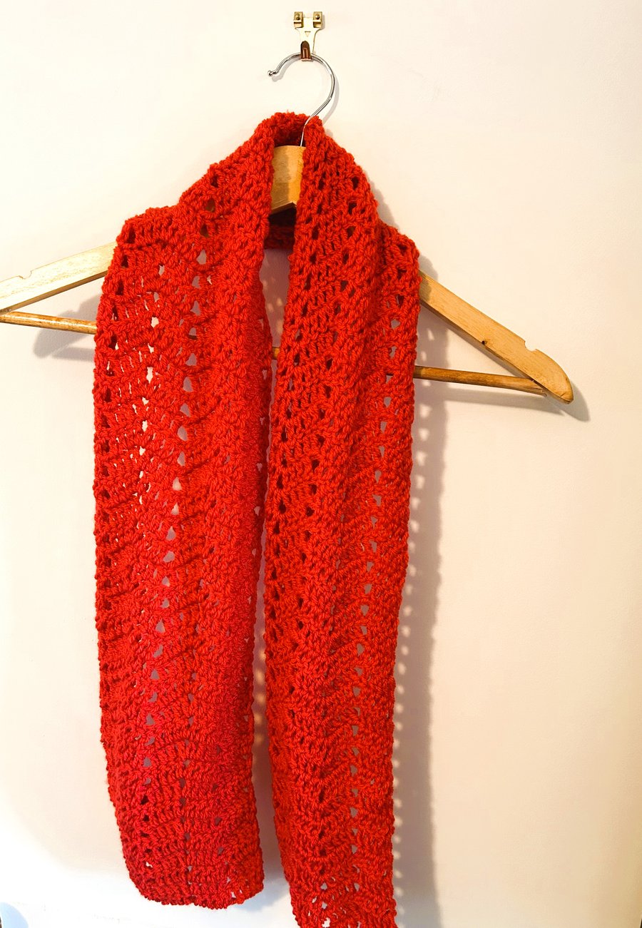 Red lacy handmade crochet scarf