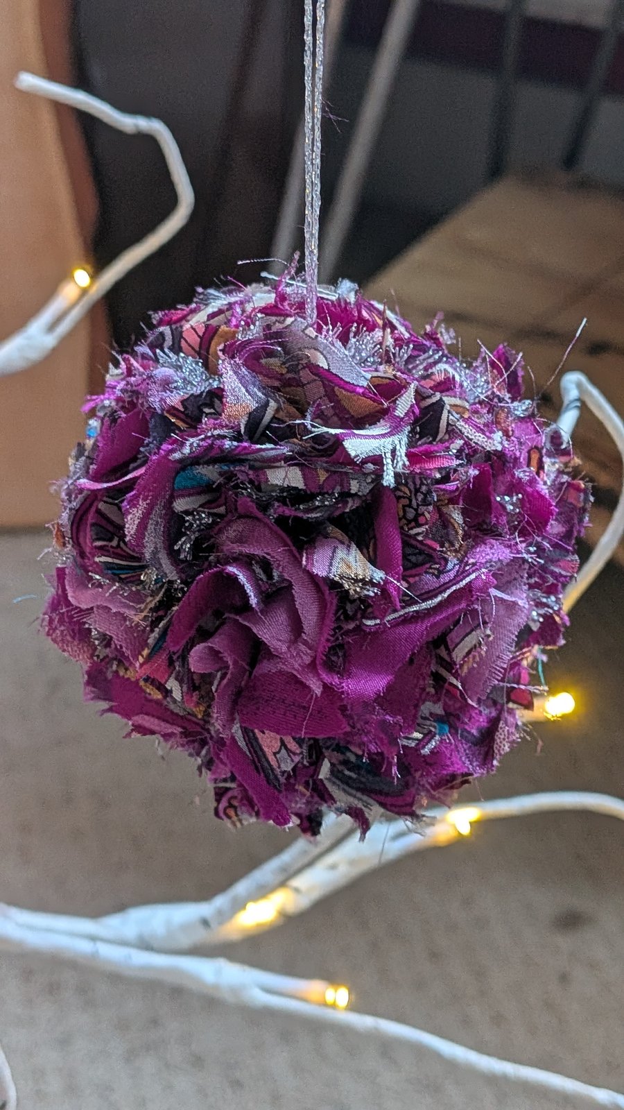 Sari pom pom Christmas tree decorations - purple and silver