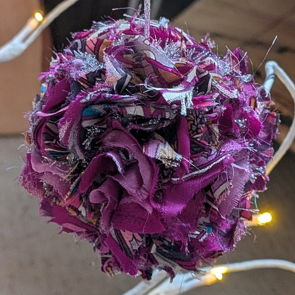 Sari pom pom Christmas tree decorations - purple and silver