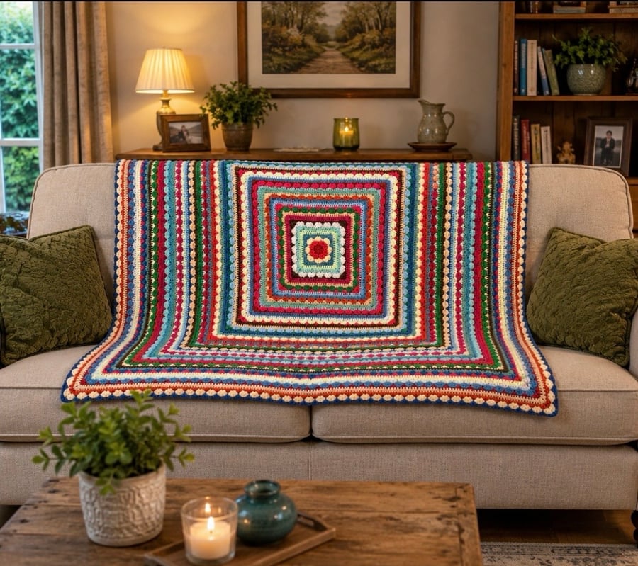 Handmade Multicoloured Crochet Blanket – Colourful Throw for a Sofa or Bed