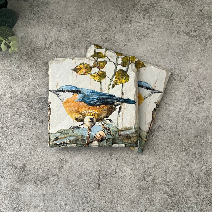 Slate Coasters Set of 2: Decoupage Nuthatch - Home Decor, Dining, Gifts, Kitchen