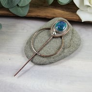 Copper Artisan Shawl Pin Brooch. Features Handmade Dichroic Glass Cabachon