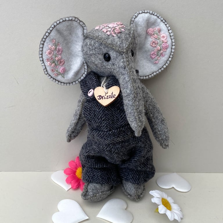 Elephant, hand sewn and dressed embroidered elephant, collectable artist bear
