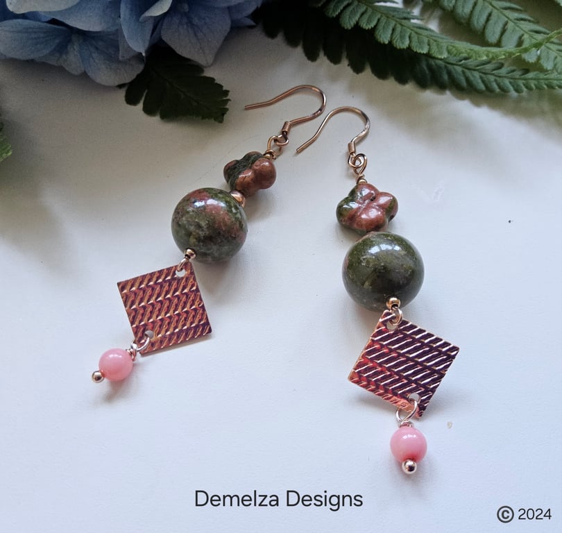 Unikite  & Peach Coral Rose Gold Vermeil Earrings