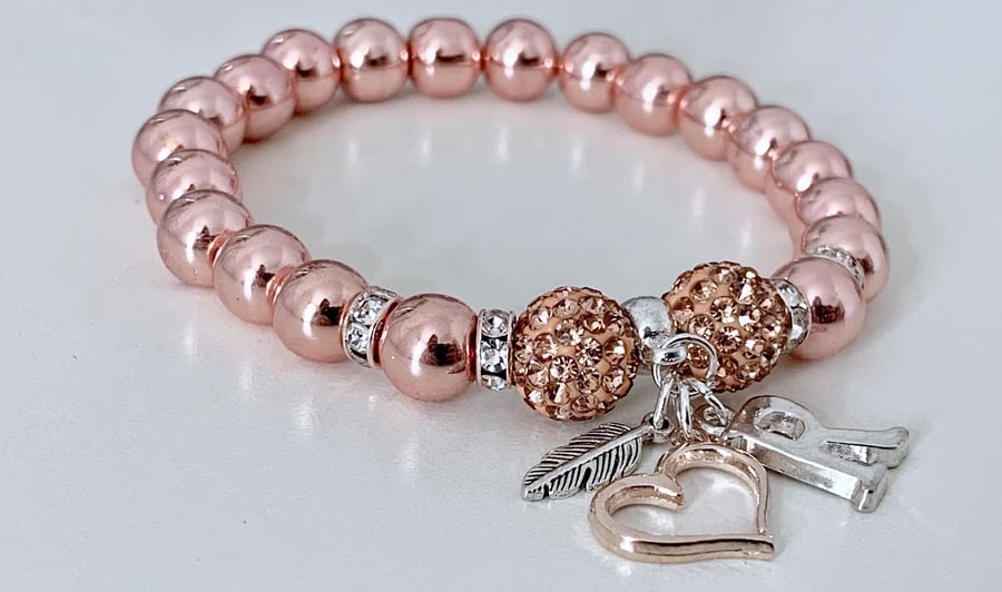 Rose Gold Hematite Holistic Shamballa Charm Bracelet Heart Feather Initial 