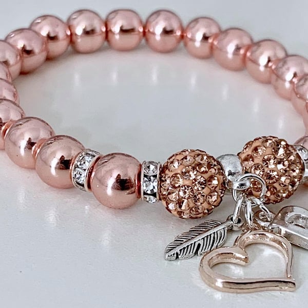 Rose Gold Hematite Holistic Shamballa Charm Bracelet Heart Feather Initial 