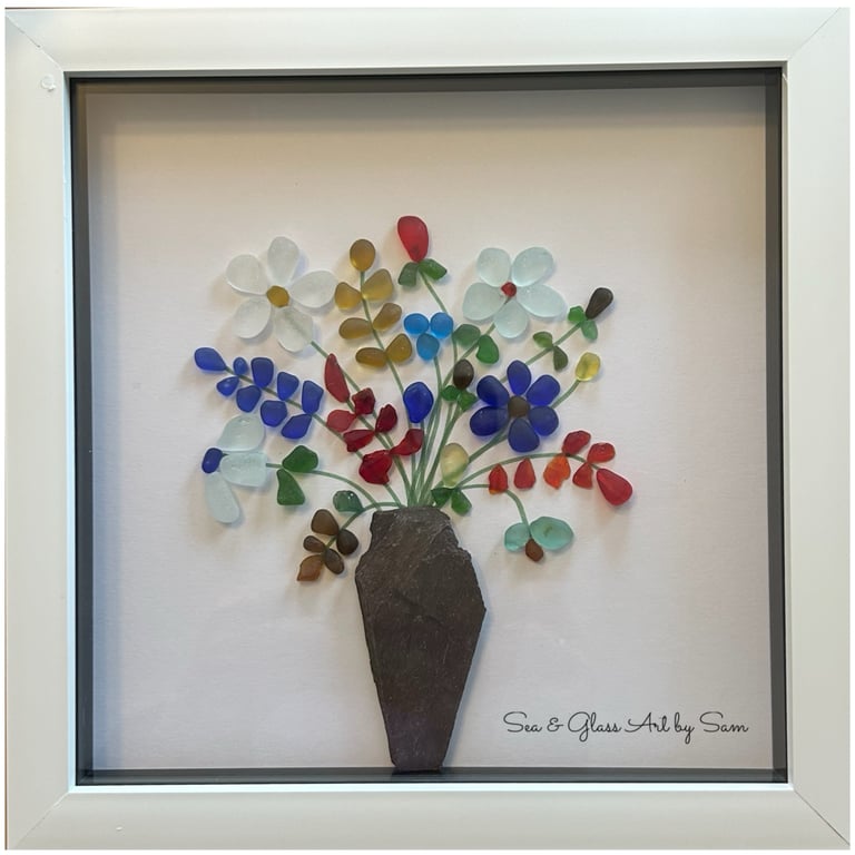Handmade Sea Glass Wildflower Picture - Framed 8x8 Bouquet in Slate Pebble Vase