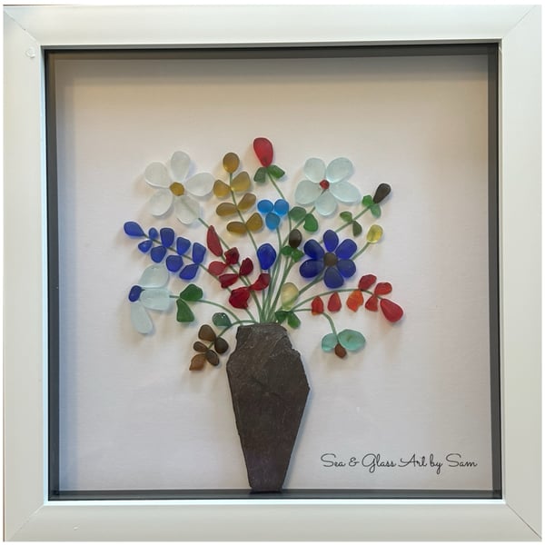 Handmade Sea Glass Wildflower Picture - Framed 8x8 Bouquet in Slate Pebble Vase