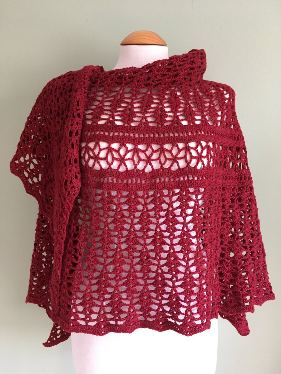 Unique Hand Made Shawl in Autumn red Merino Wool