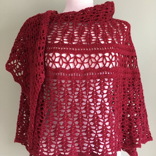 Unique Hand Made Shawl in Autumn red Merino Wool