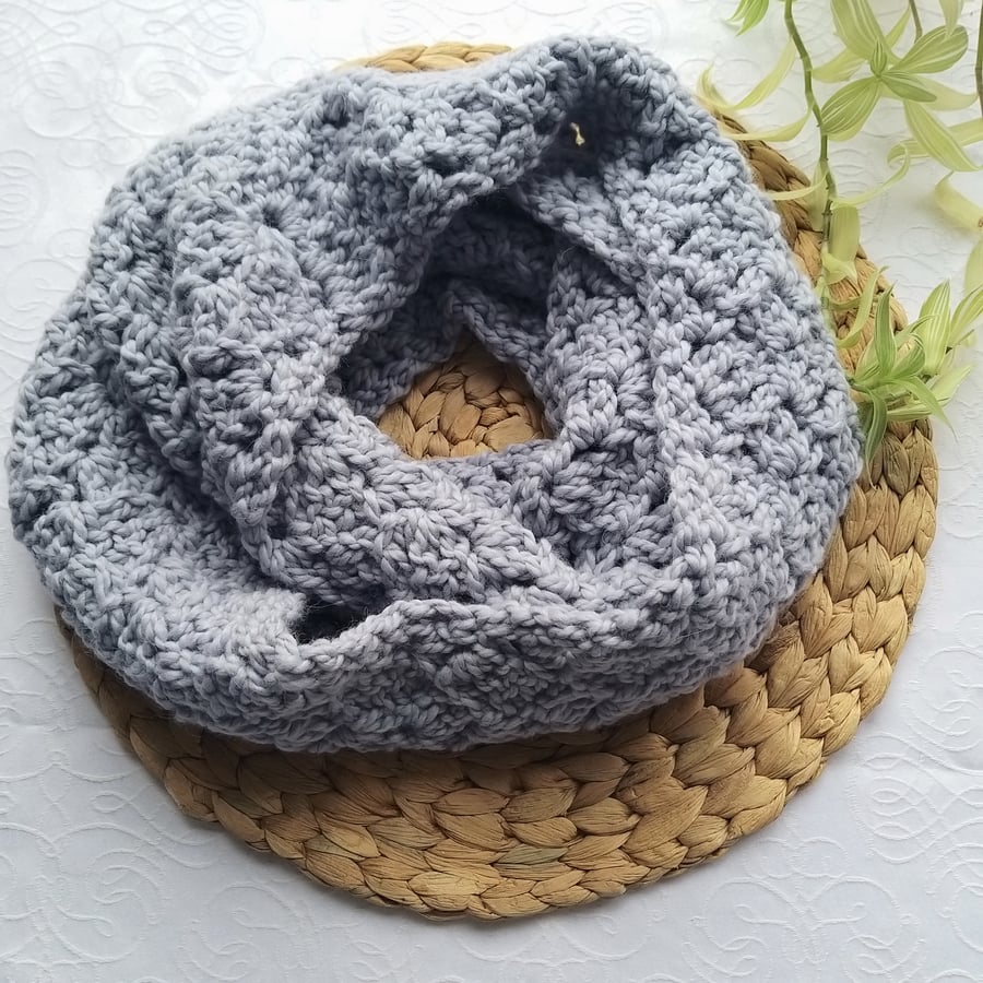 Sale Ice Blue Crochet Infinity Scarf in Pure Wool Alpaca Blend