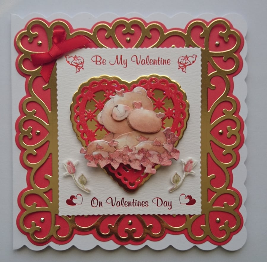 Be My Valentine on Valentines Day Cute Teddy Bear Roses 3D Luxury Handmade Card