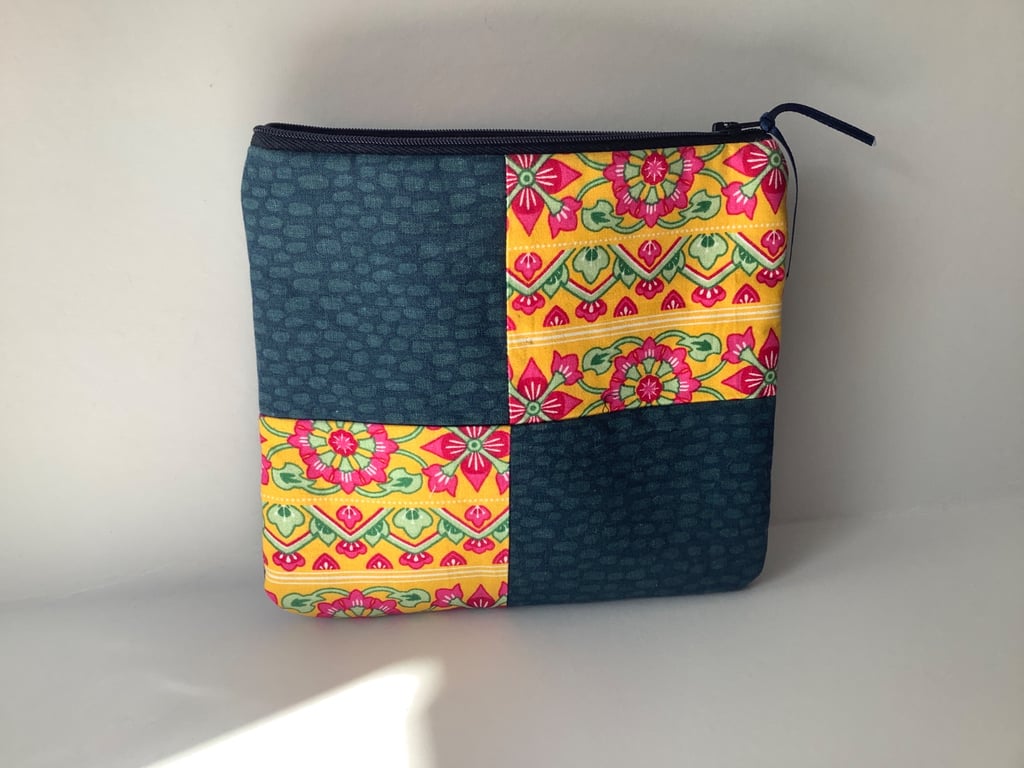 Denim and Patchwork makeup bag. 