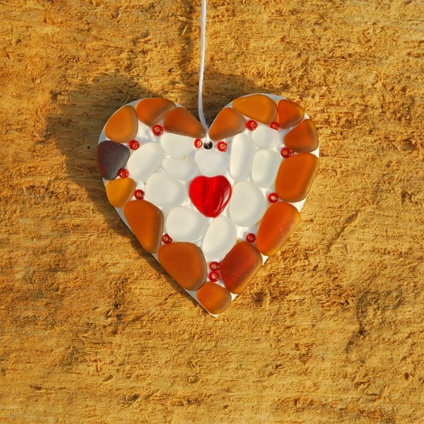 Brown beach glass mosaic with red heart