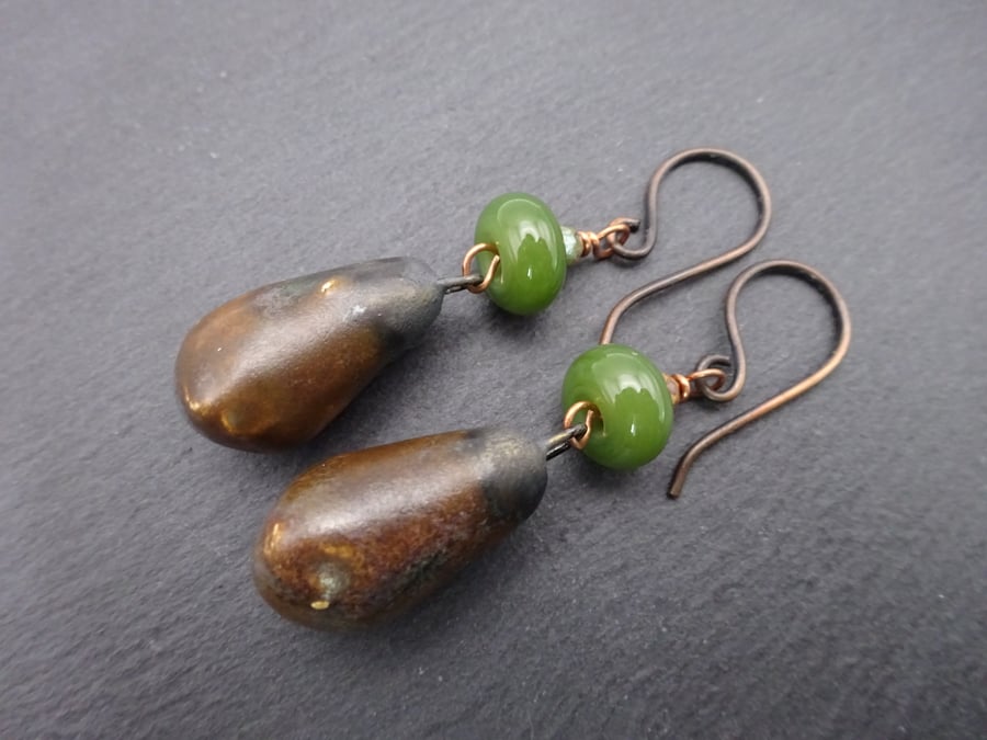 lampwork glass green earrings, brown ceramic drops, copper jewellery