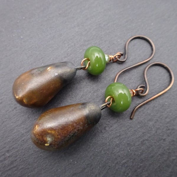 lampwork glass green earrings, brown ceramic drops, copper jewellery