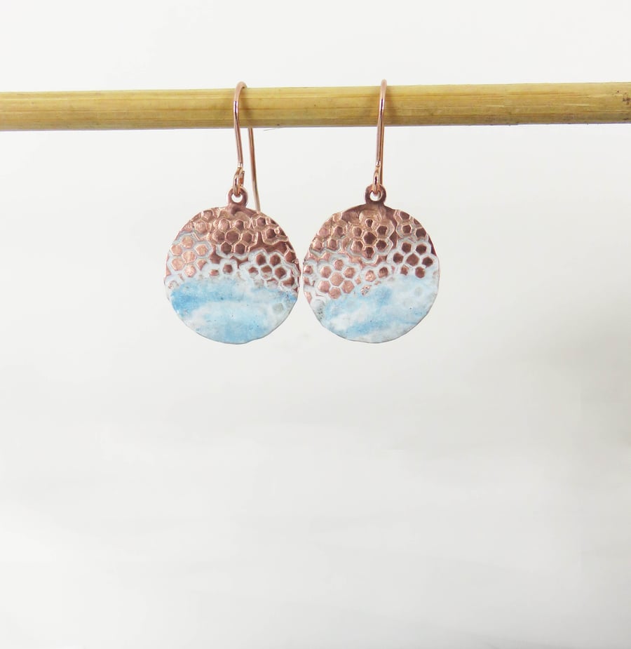 Larger Version of My Popular Enamel and Textured Copper Dangle Earrings