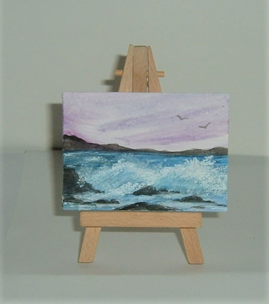 miniature art aceo watercolour evening seascape ( ref F 823 )