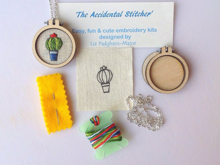 Cactus Pendant Hand Embroidery Kit, jewelery making kit.