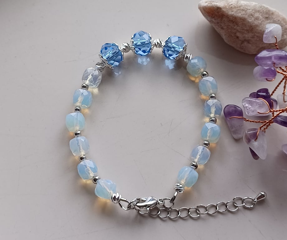 Opalite and glass crystal beaded bracelet with adjustable chain
