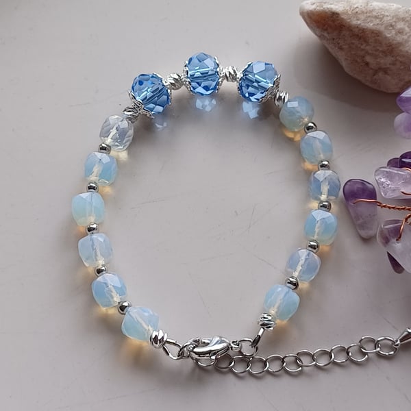 Opalite and glass crystal beaded bracelet with adjustable chain