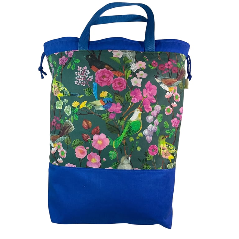 XXL drawstring knitting bag with bird and floral print, supersized multi pocket