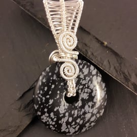 Snowflake Obsidian Reversible Donut Wire Wrapped Pendant