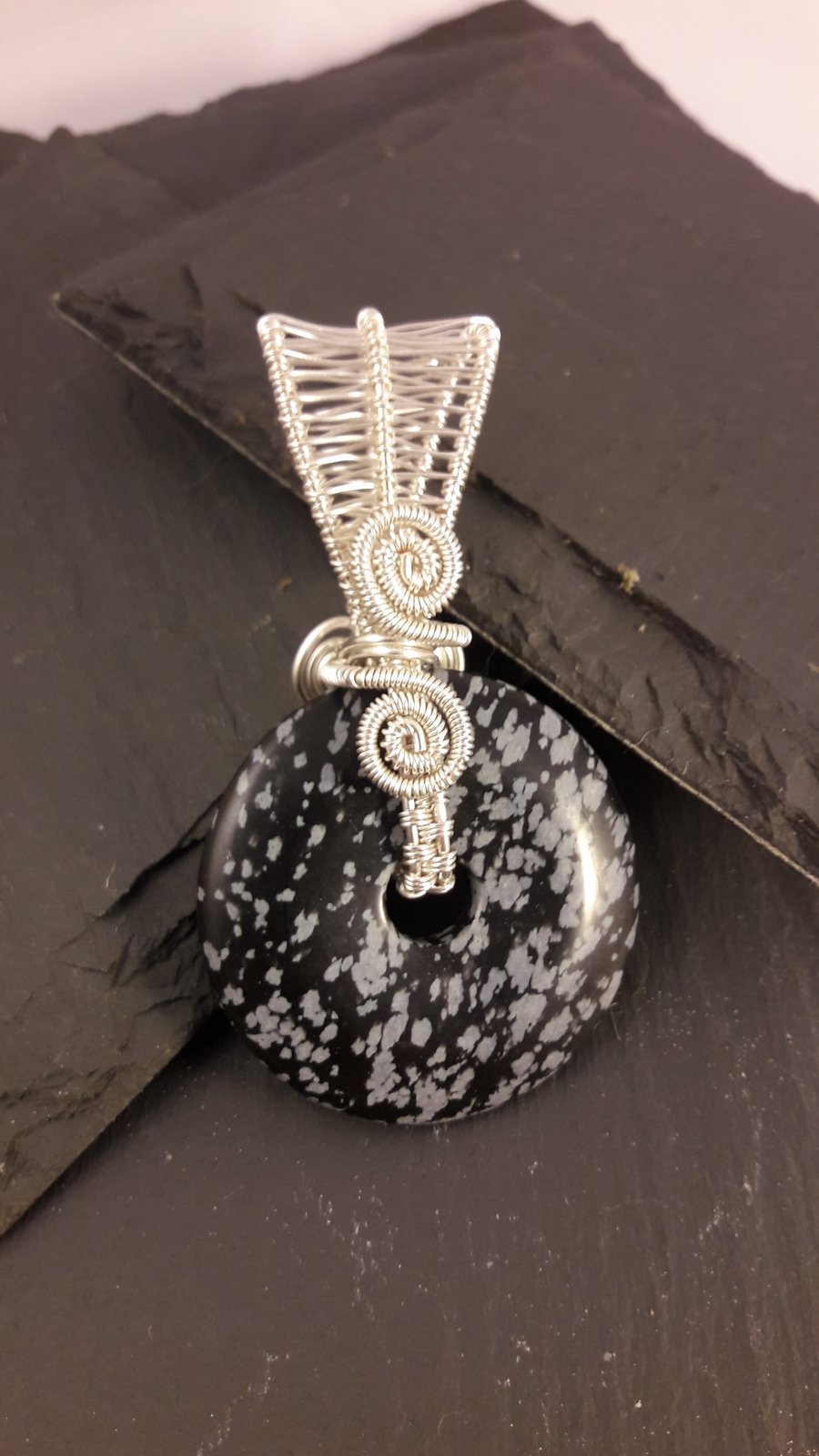 Snowflake Obsidian Reversible Donut Wire Wrapped Pendant