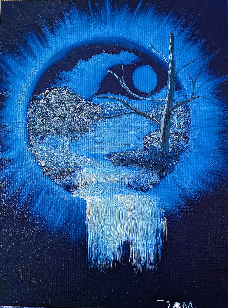 Original Oil Painting, Evening waterfall Portal 