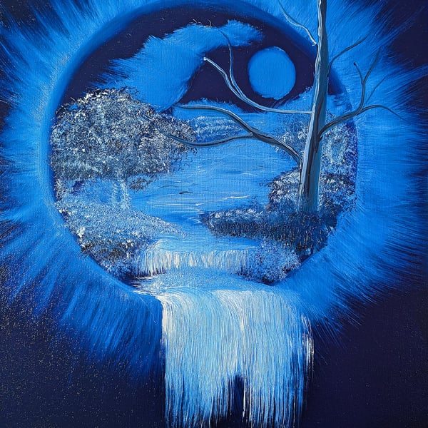 Original Oil Painting, Evening waterfall Portal 