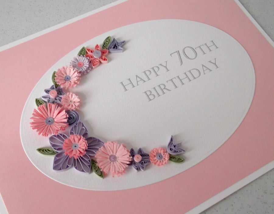 Quilled 70th birthday card, handmade, pink lilac