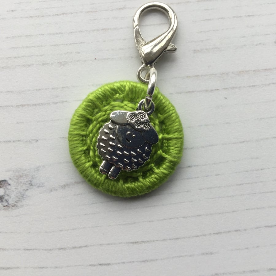 Bag Charm with a Green Dorset Button and Sheep Charm