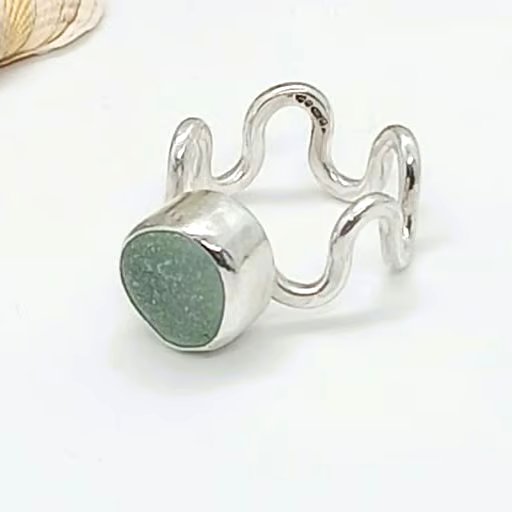 Sea glass ring sterling silver wave design band
