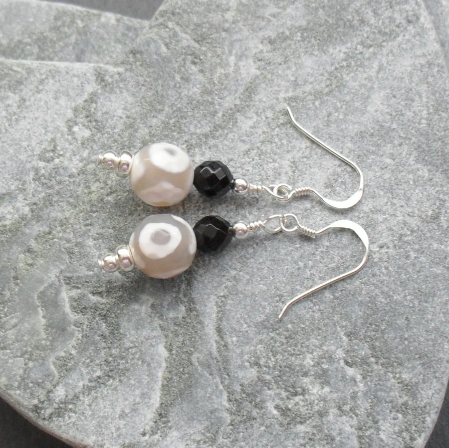 Tibetan Agate and Black Onyx Sterling Silver Drop Earrings