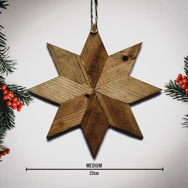 Medium Handmade Wood Xmas Star, Antique Oak Stain, Scandi Style