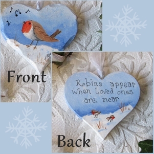 Robin on a Heart Christmas Hanging Decoration, Robins Appear quote, Double Sided