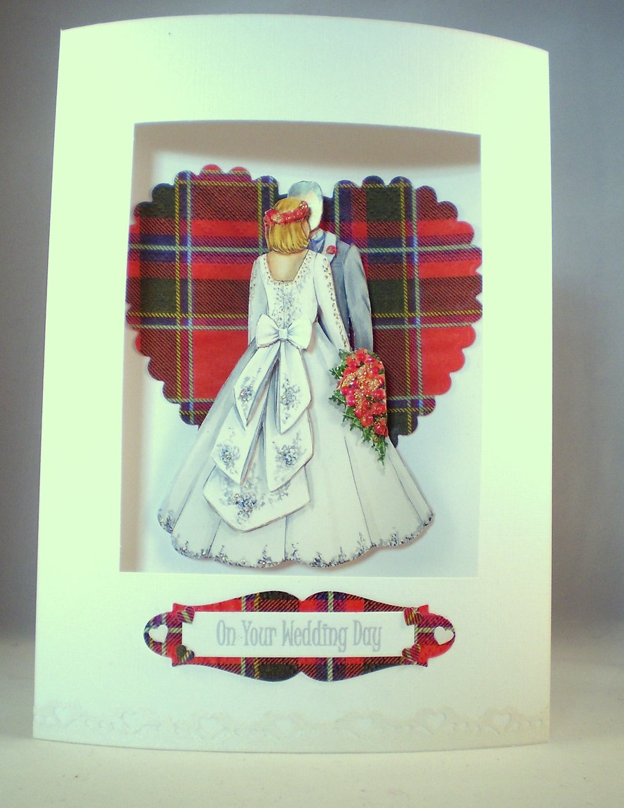Handmade Decoupage Wedding Card with Tartan Heart, Bride and Groom, Personalise