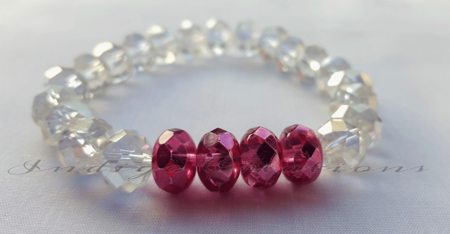 Bracelet Clear Crystal Faceted And Pink Czech Glass Pressed Bead Bracelet.