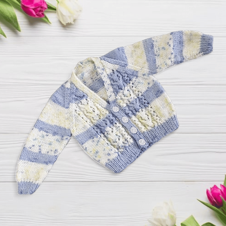 Hand Knitted Baby Cardigan, Blue and Cream V-Neck, 6-12 Months