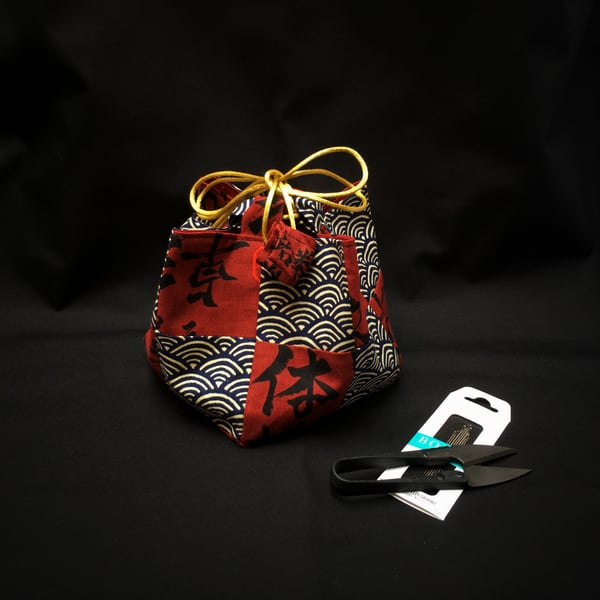 Patchwork Japanese Fabric Komebukuro Rice Bag, Gift Bag, Makeup Bag, Red & Blue