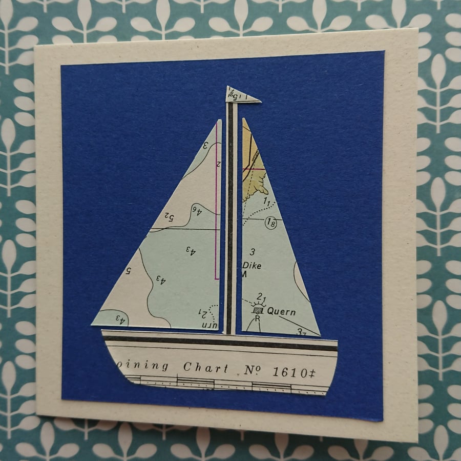 Handmade card - sea chart sailboat - recycled - blank inside for your message
