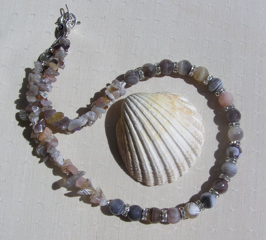 Botswana Agate Crystal Gemstone Chunky Statement Beaded Necklace "Cappuccino"