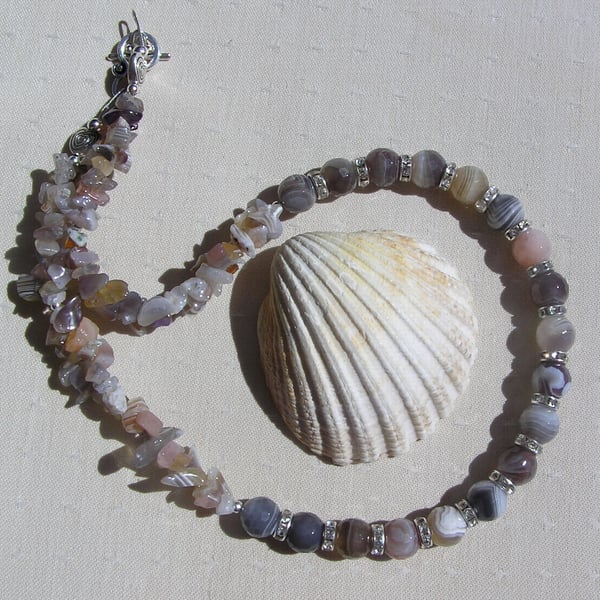Botswana Agate Crystal Gemstone Chunky Statement Beaded Necklace "Cappuccino"