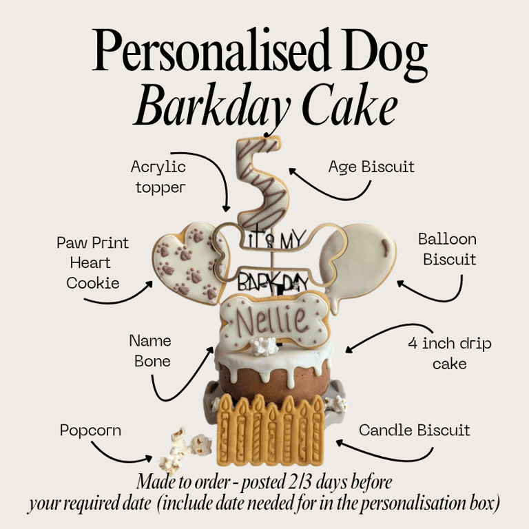 Personalised Dog Birthday Cake treat box, Homemade iced cake and biscuits 